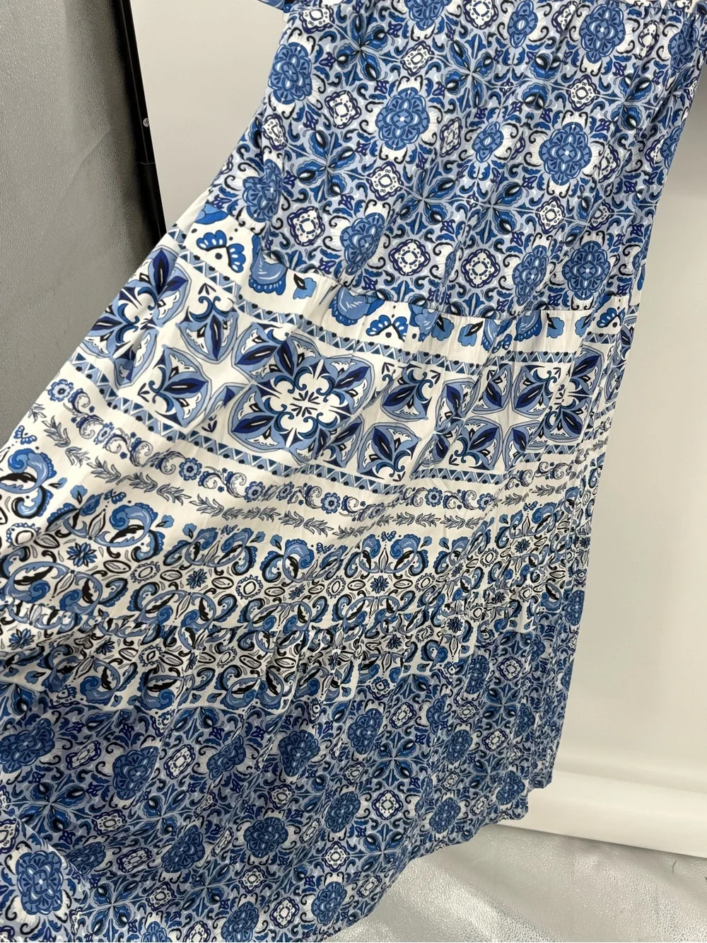 Tuckernuck Blue Majolica Tile Ginger Maxi Dress Flutter Sleeve Tiered XL NEW - Picture 9 of 15